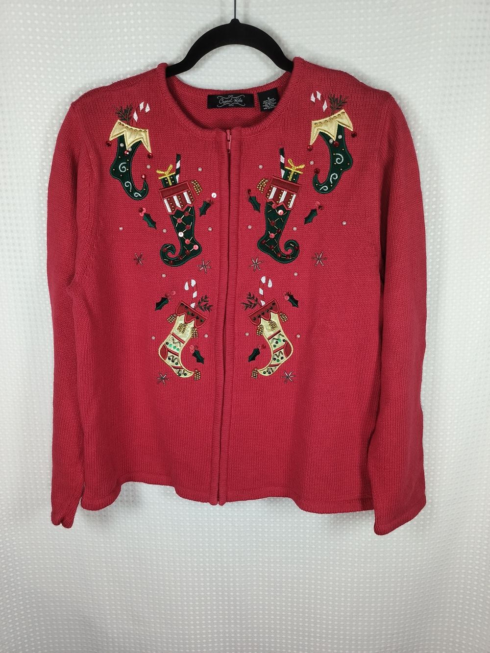 Crystal-Kobe Red Christmas Embroidered Holiday Zip Front Cardigan Sweater S